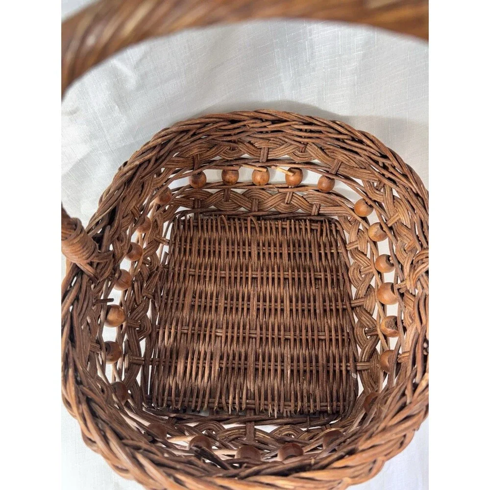 Vintage Hand Woven Basket Wicker 11 Brown Gathering Basket with Handle